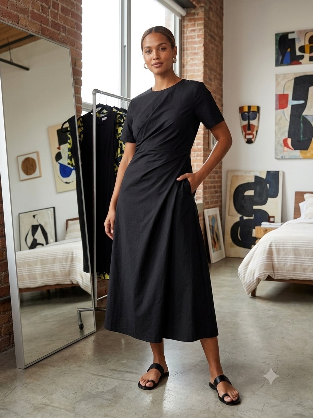 Zara Black Short-Sleeve Maxi Dress